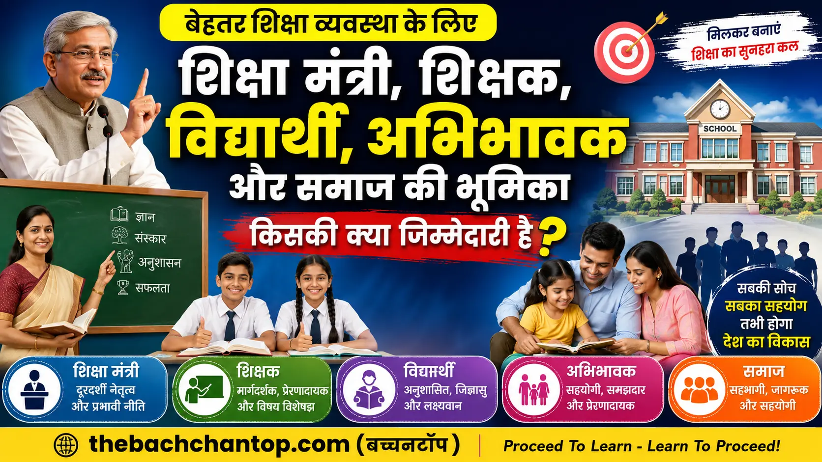 बेहतर शिक्षा व्यवस्था के लिए शिक्षा मंत्री, शिक्षक, विद्यार्थी, अभिभावक और समाज की भूमिका