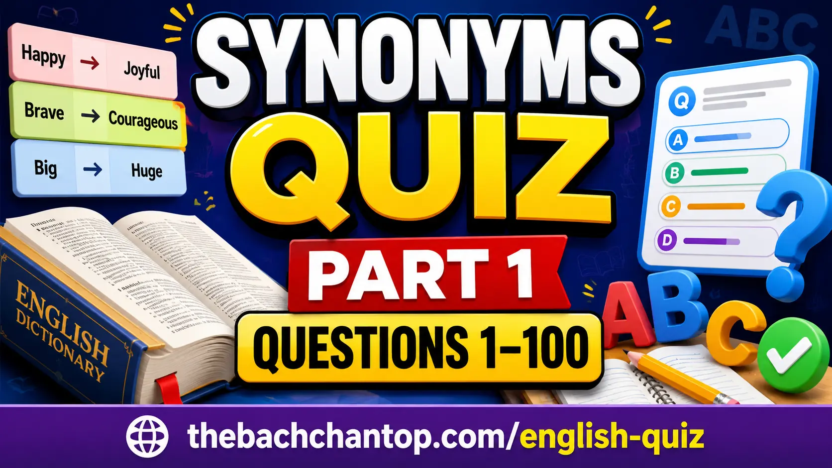 500 Synonyms Practice MCQs with Answers – Part 1 (Questions 1–100) | English Vocabulary Quiz