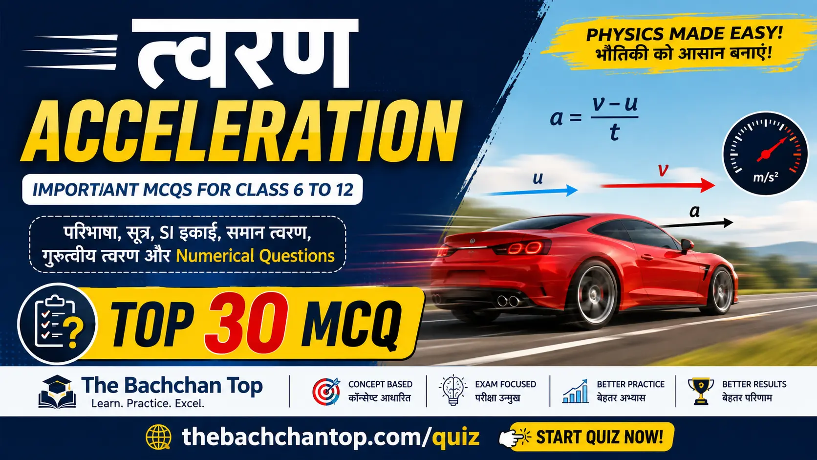 Top 30 MCQs on Accelearion (त्वरण)